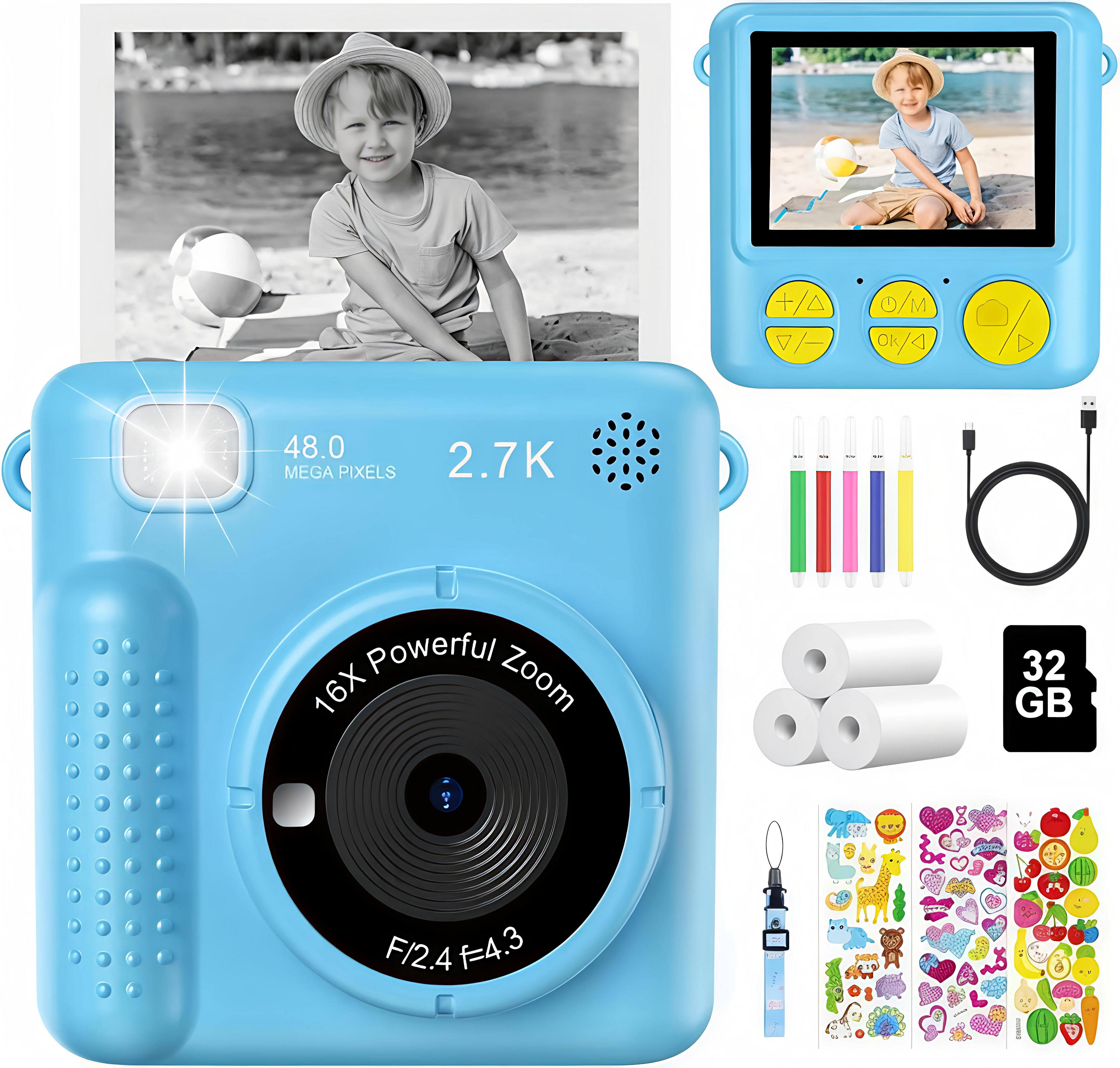 Giggly Groves kids instant print camera in blue featuring 2.5 inch HD screen, 48MP photo resolution, and 16X digital zoom icons.