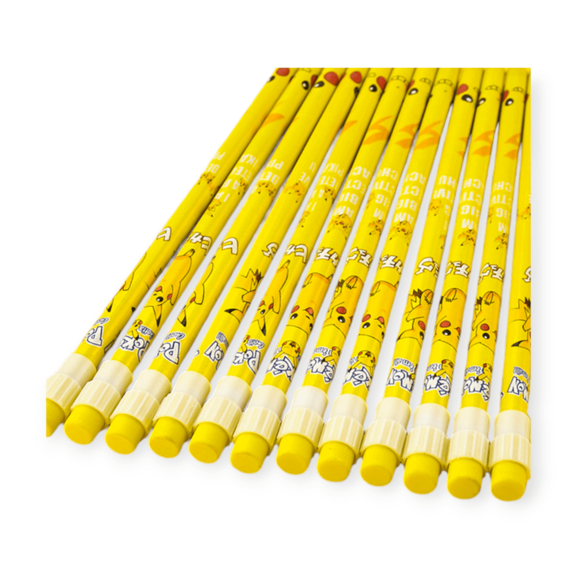 A vibrant kids' stationery set featuring 3 sets of Pikachu-themed pencils, with 12 pieces in each set. The packaging is colorful, showcasing Pikachu illustrations and includes complementary items such as Pikachu-shaped erasers and sharpeners. Ideal for young fans of Pokémon.