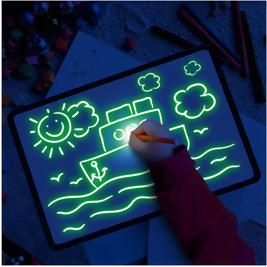 Child using a glowing light drawing tablet to sketch a boat, sun, and birds—educational toy for creative play, early learning, and sensory development.