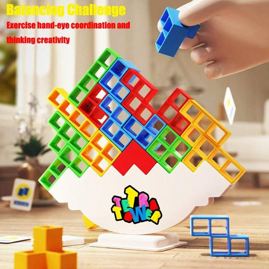 Image of a colorful 48-piece stacking toy for kids named 'Hot High Swing Russian Balancing Blocks'. The toy features vibrant hollow blocks in green, blue, red, and yellow, stacked on a white balancing base. A hand is shown placing a blue block onto the stack. Fun and educational, this table toy is available on Giggly Groves.