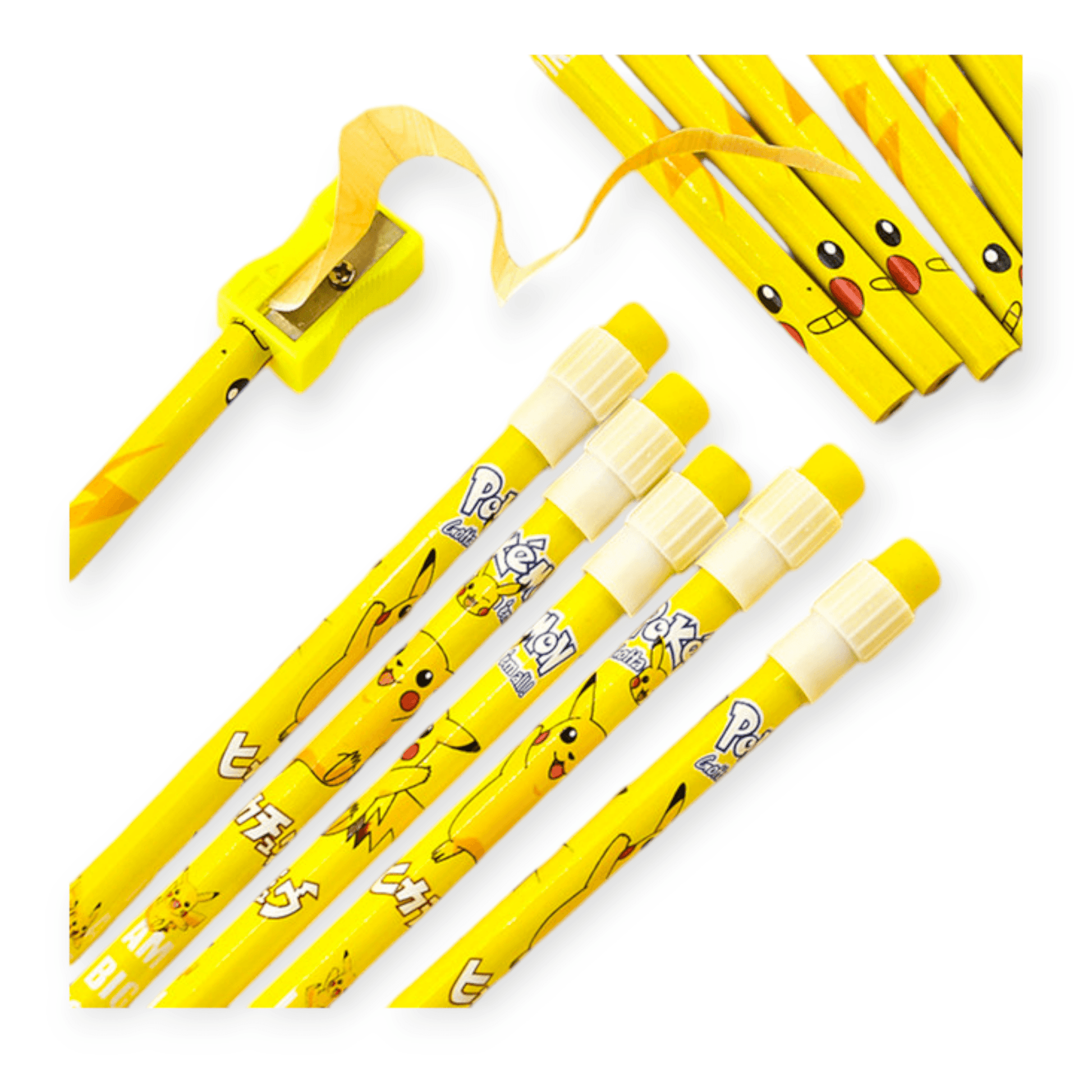 A vibrant kids' stationery set featuring 3 sets of Pikachu-themed pencils, with 12 pieces in each set. The packaging is colorful, showcasing Pikachu illustrations and includes complementary items such as Pikachu-shaped erasers and sharpeners. Ideal for young fans of Pokémon.