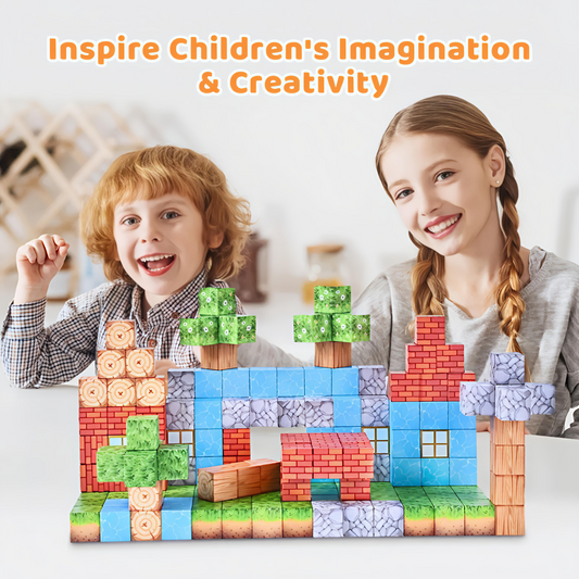 Children playing with Giggly Groves 157-piece magnetic building blocks – colorful sensory STEM toy for boys and girls, educational birthday gift promoting creativity and motor skills, available at gigglygroves.com.