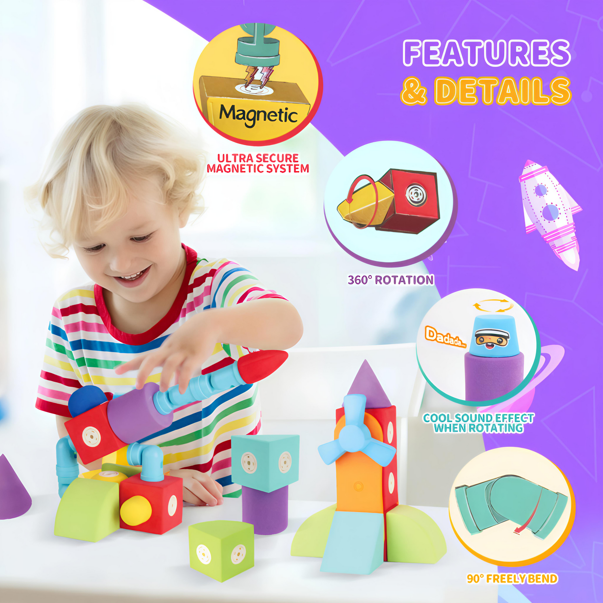 Child playing with colorful magnetic building blocks featuring 360° rotation, bendable joints, and secure magnets—STEM sensory toy for toddlers and preschoolers by Giggly Groves.