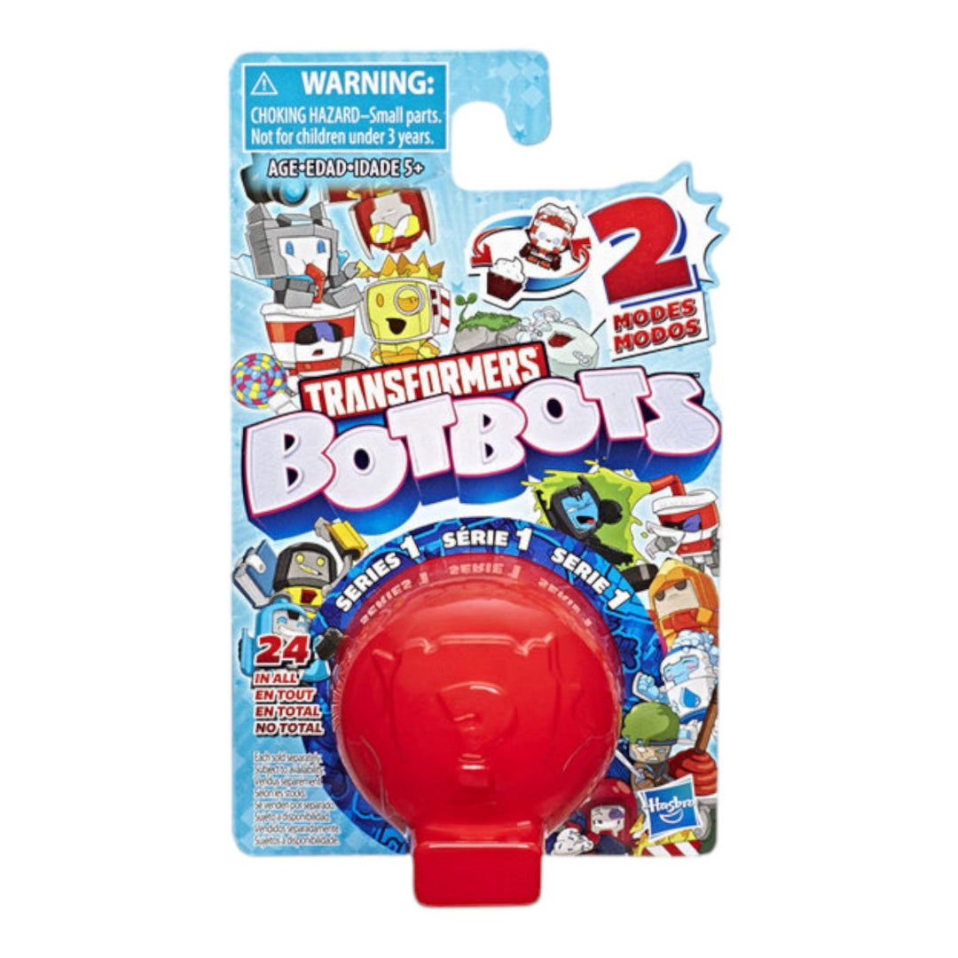 The image shows six Hasbro BOTBOTS Mini Transformers Blind Bags arranged in a star pattern. Each package features a different color (red, blue, green, orange, yellow) and contains a surprise mini transformer toy. The packaging is vibrant and eye-catching, making it an appealing gift for children.