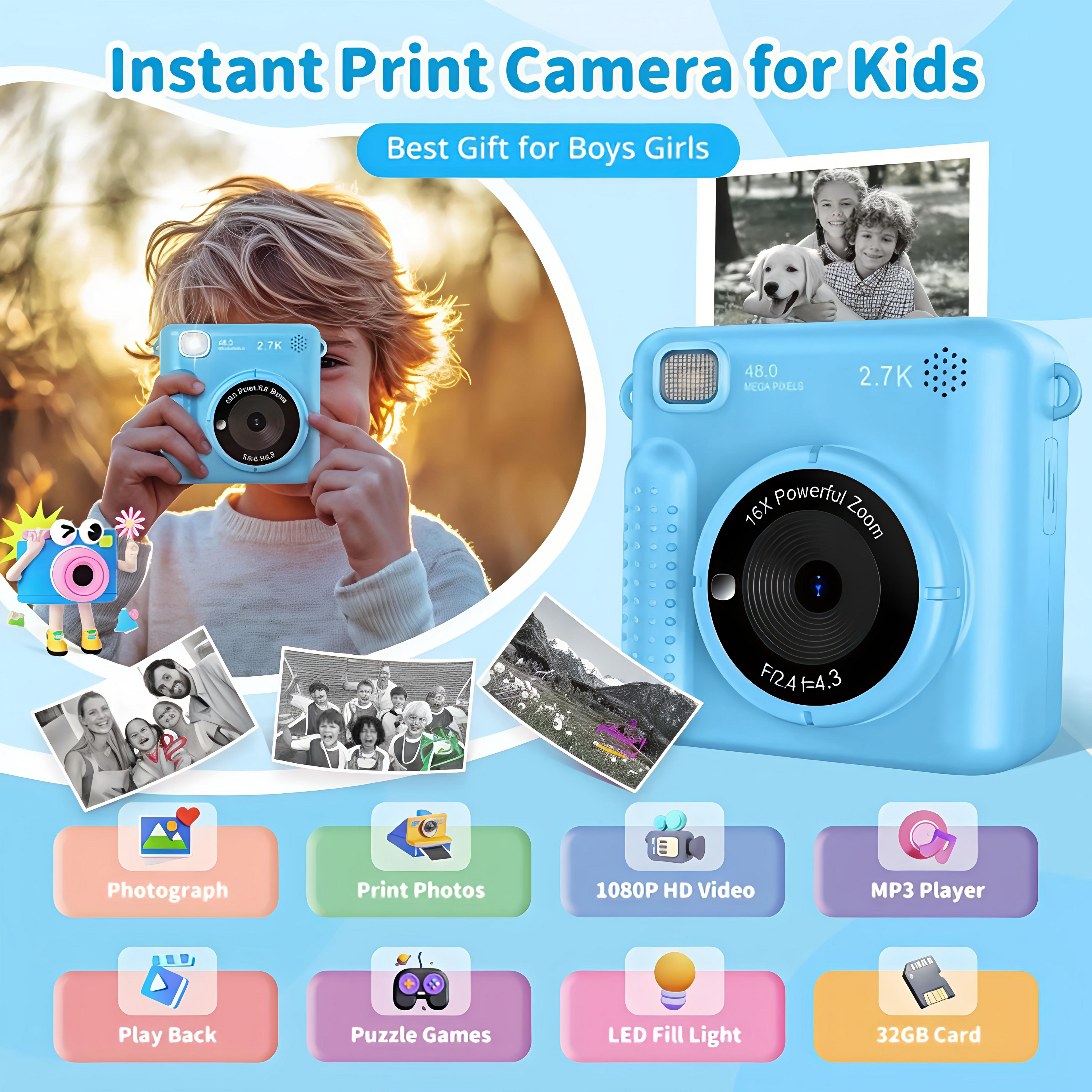 Blue instant print camera for kids with features listed on a blue background