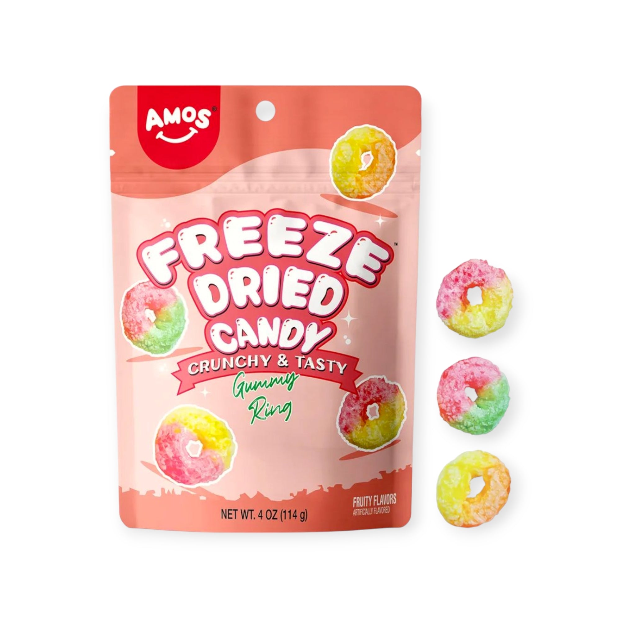 Amos Freeze Dried Sweet Ring Candy in vibrant fruit flavors, showcased in colorful packaging – available now on Giggly Groves