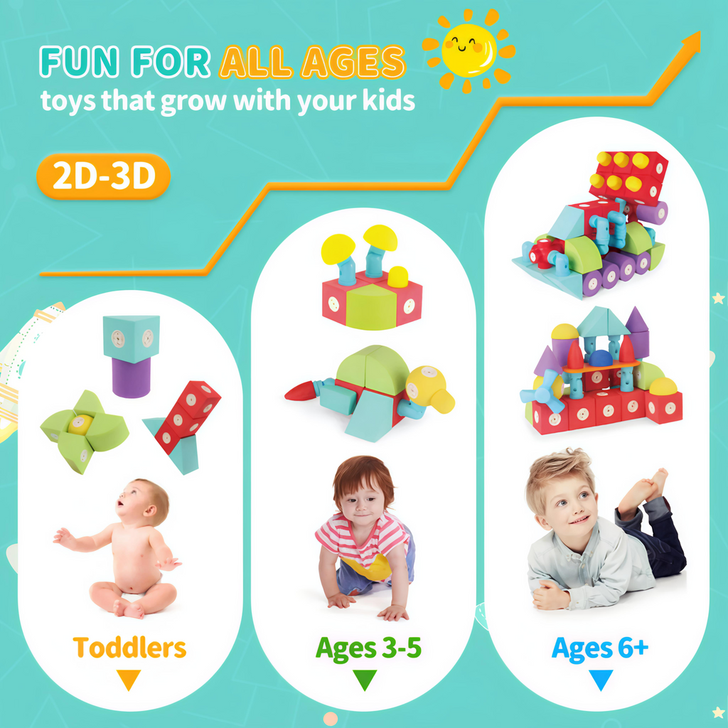 Child playing with colorful magnetic building blocks featuring 360° rotation, bendable joints, and secure magnets—STEM sensory toy for toddlers and preschoolers by Giggly Groves.
