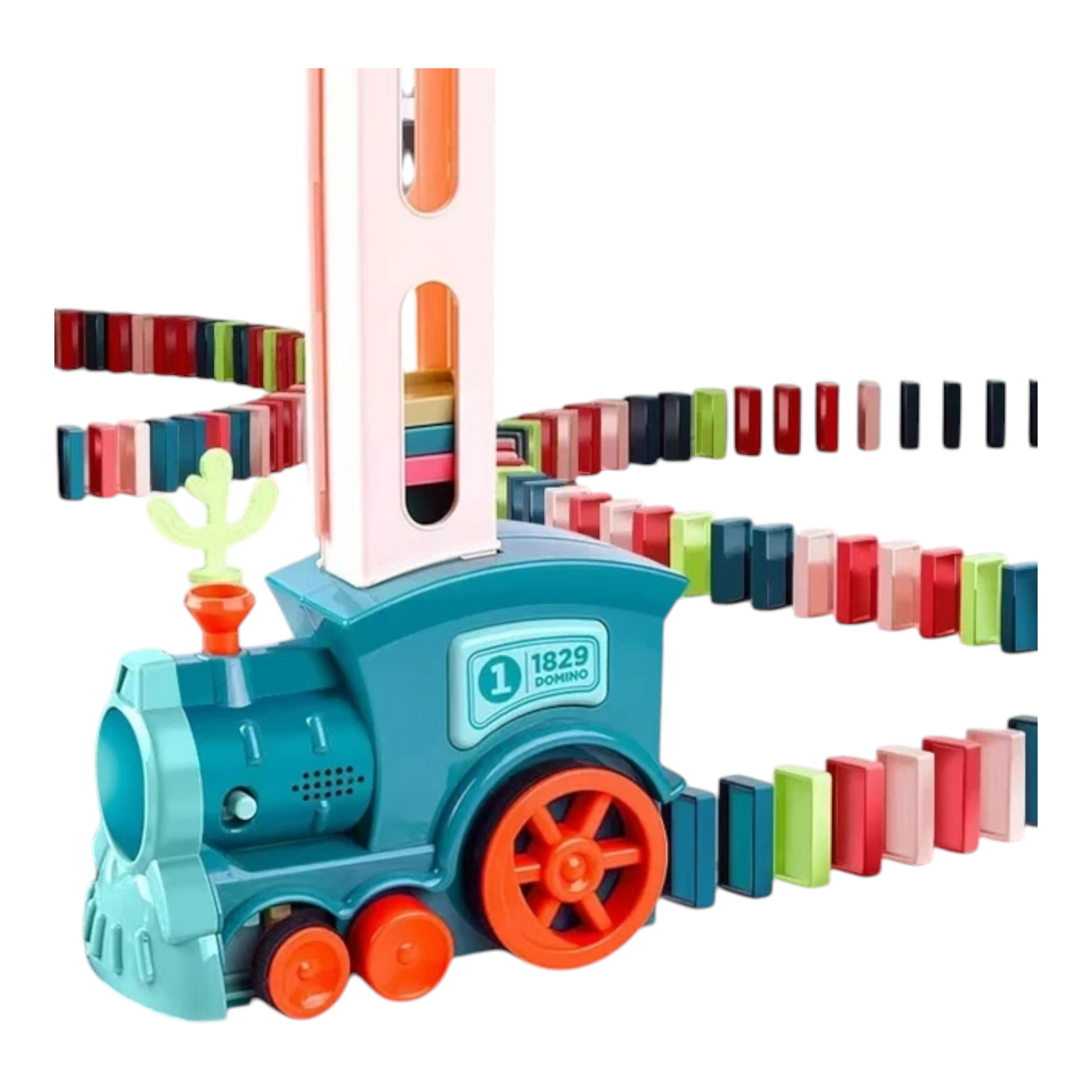A brightly colored electric toy train automatically lays domino blocks in a perfect line. Ideal for children, this educational puzzle toy combines fun with learning and helps develop cognitive and motor skills. Suitable for kids aged 3 and up, it's perfect for creative play and early learning activities.