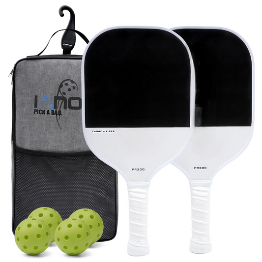 Two pickleball paddles with a carrying case and balls on a white background