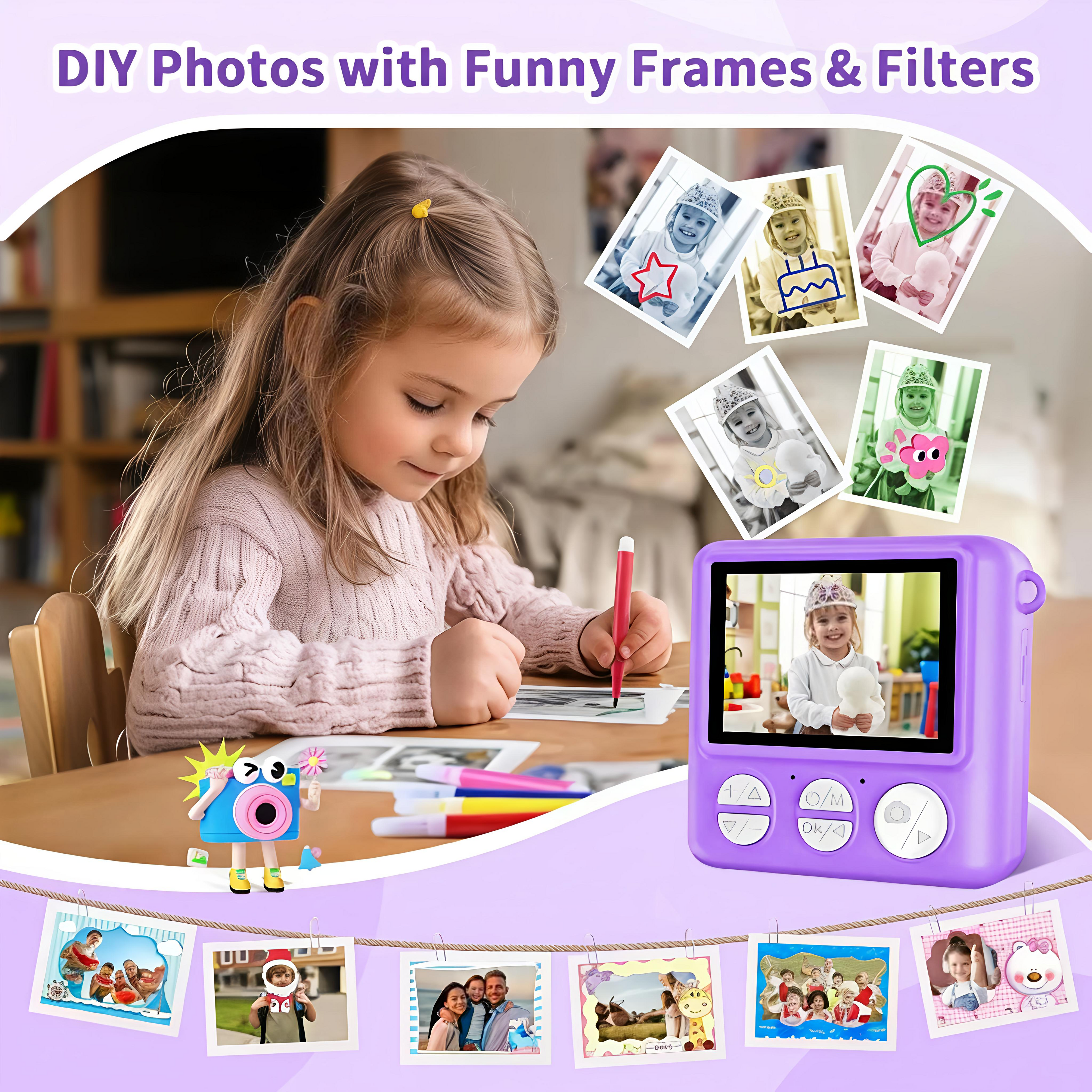 Child using a digital camera with photo editing features on a table.