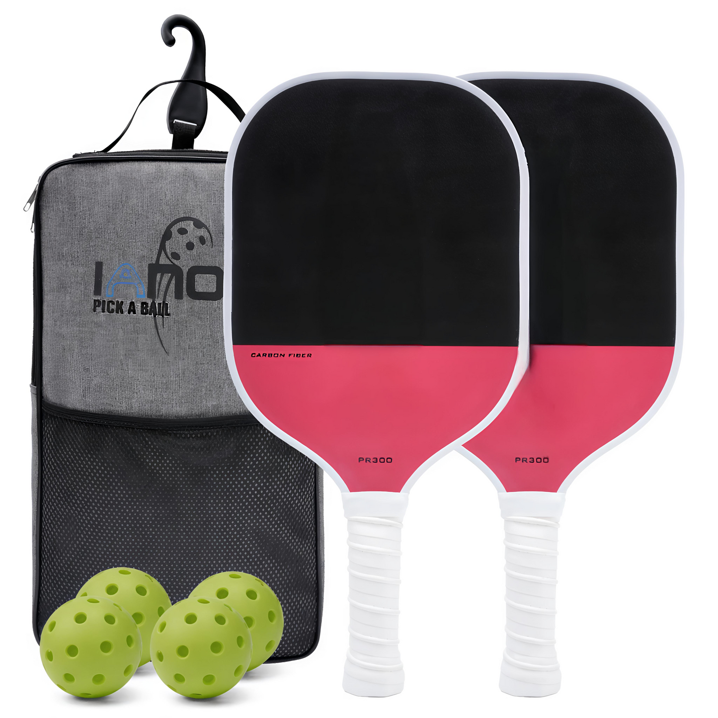 Two pickleball paddles with pink and black design, a gray case, and green balls on a white background.