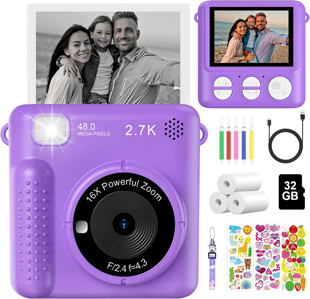 Purple digital camera with accessories including a screen, SD card, and stickers.