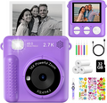 Purple digital camera with accessories including a screen, SD card, and stickers.