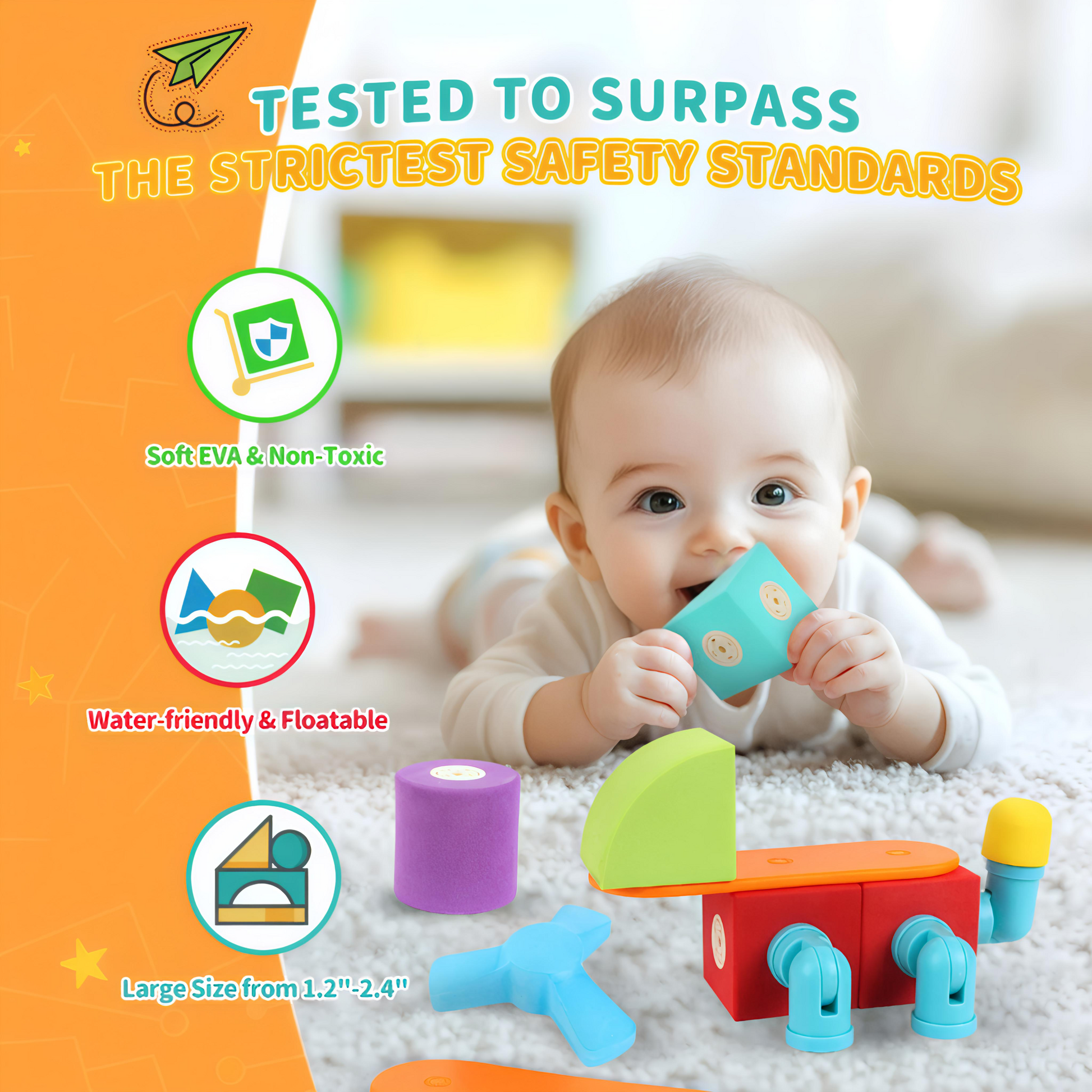 Child playing with colorful magnetic building blocks featuring 360° rotation, bendable joints, and secure magnets—STEM sensory toy for toddlers and preschoolers by Giggly Groves.