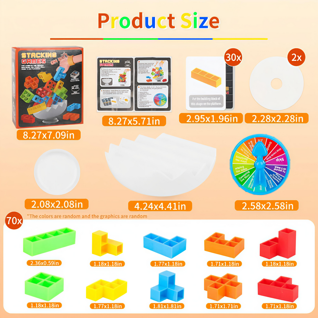 Product size chart for a educational toy set with dimensions of various components.