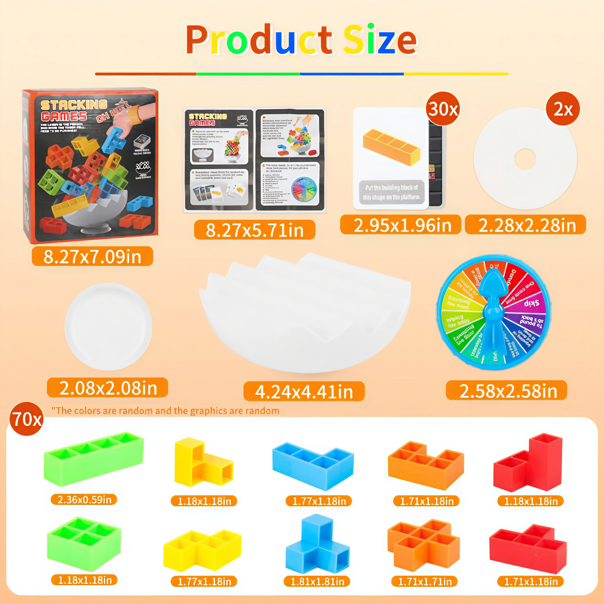 Product size chart for a educational toy set with dimensions of various components.