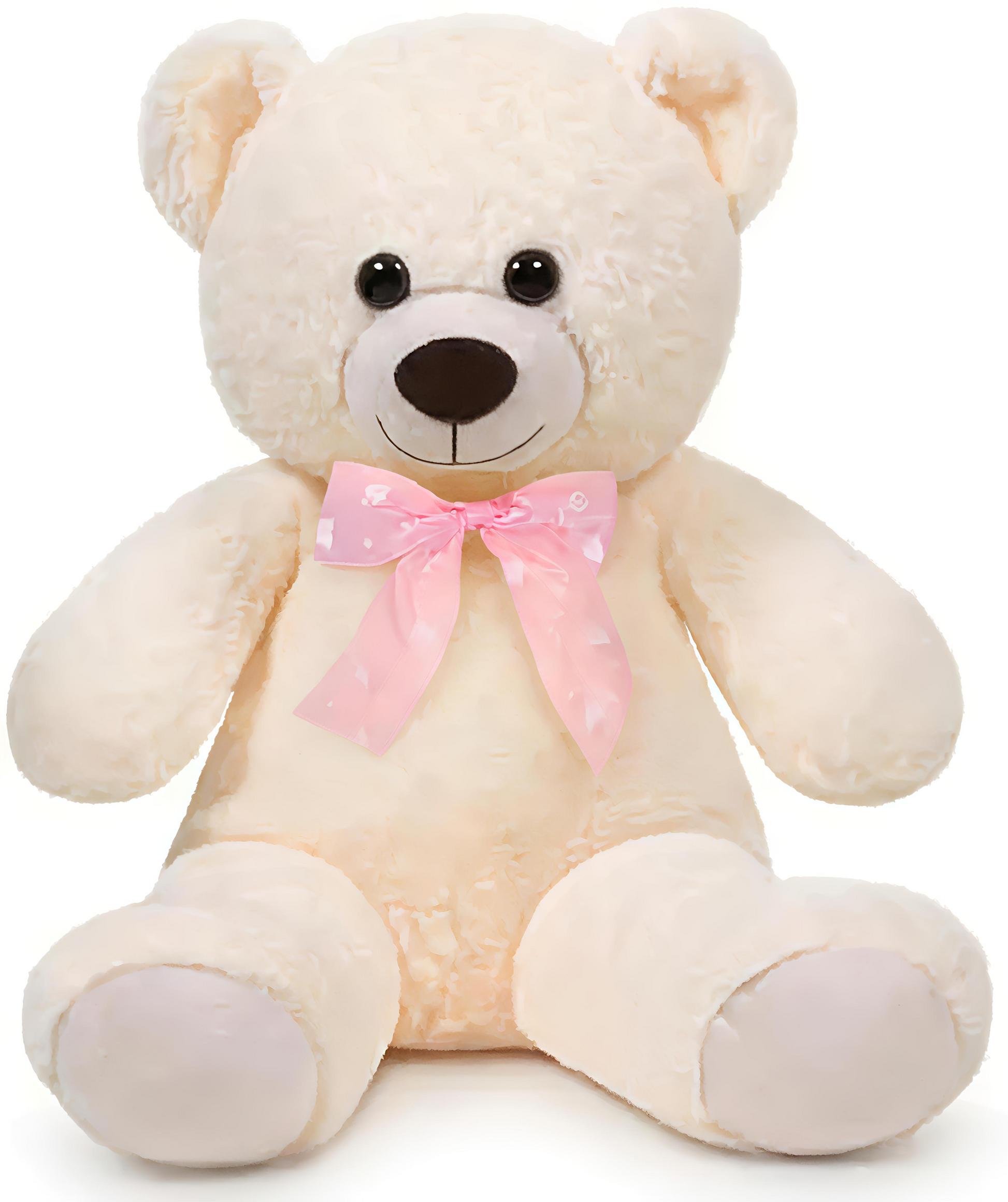 Beige teddy bear with a pink bow on a white background