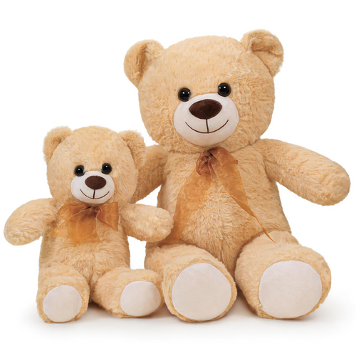 Two teddy bears with brown ribbons on a white background