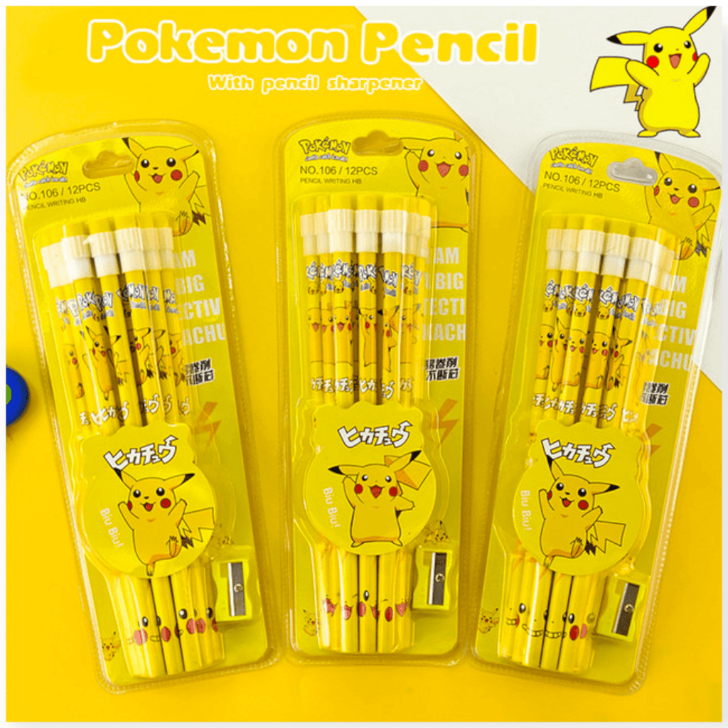 A vibrant kids' stationery set featuring 3 sets of Pikachu-themed pencils, with 12 pieces in each set. The packaging is colorful, showcasing Pikachu illustrations and includes complementary items such as Pikachu-shaped erasers and sharpeners. Ideal for young fans of Pokémon.