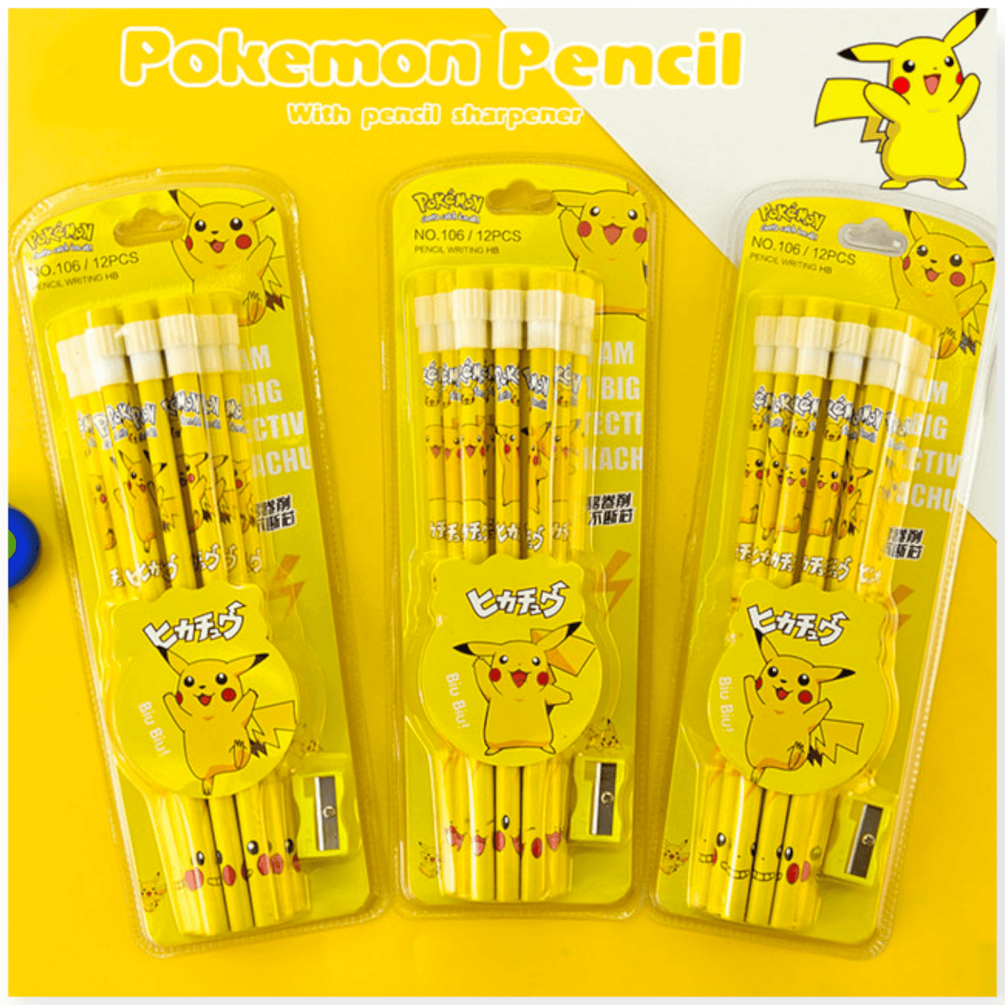 A vibrant kids' stationery set featuring 3 sets of Pikachu-themed pencils, with 12 pieces in each set. The packaging is colorful, showcasing Pikachu illustrations and includes complementary items such as Pikachu-shaped erasers and sharpeners. Ideal for young fans of Pokémon.