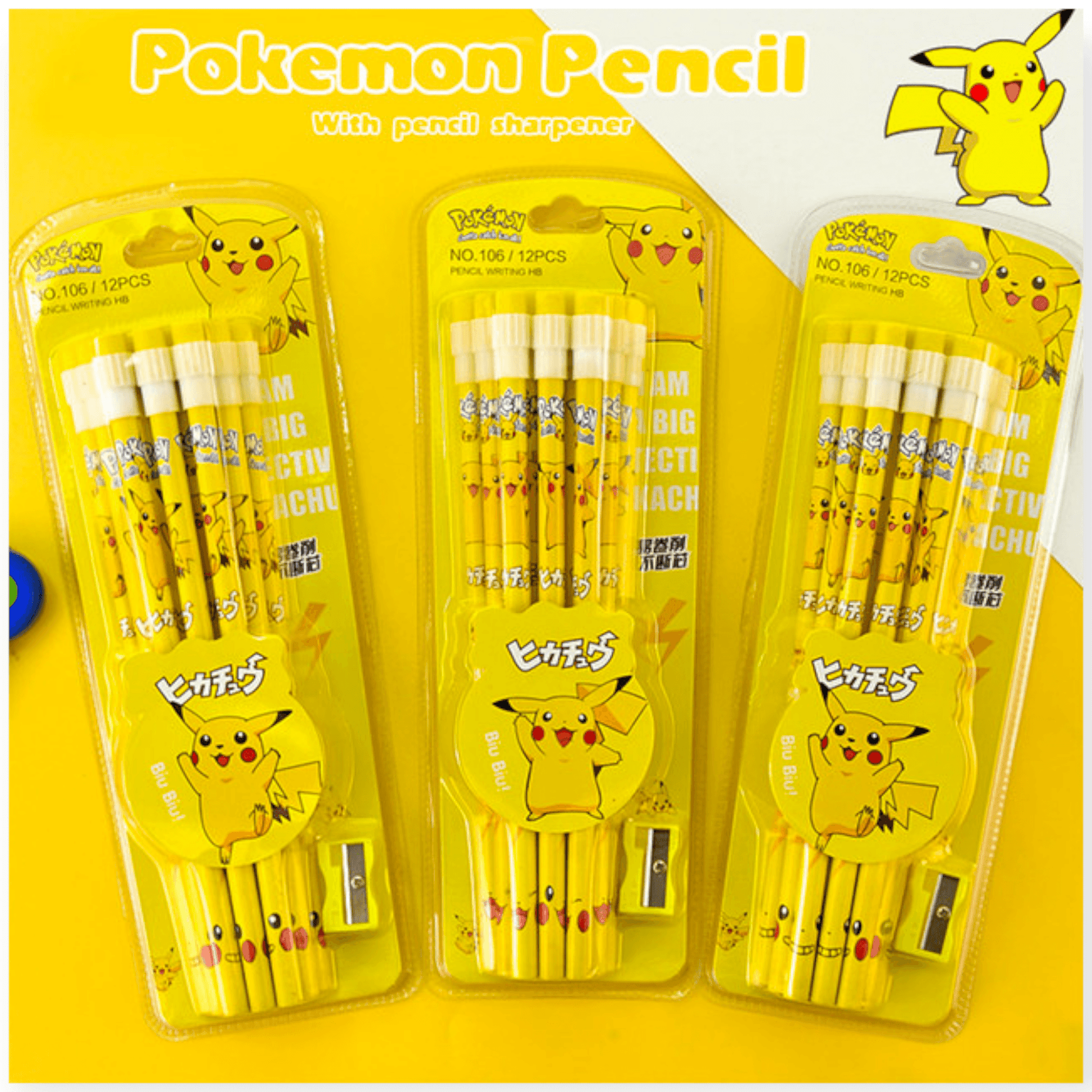 A vibrant kids' stationery set featuring 3 sets of Pikachu-themed pencils, with 12 pieces in each set. The packaging is colorful, showcasing Pikachu illustrations and includes complementary items such as Pikachu-shaped erasers and sharpeners. Ideal for young fans of Pokémon.