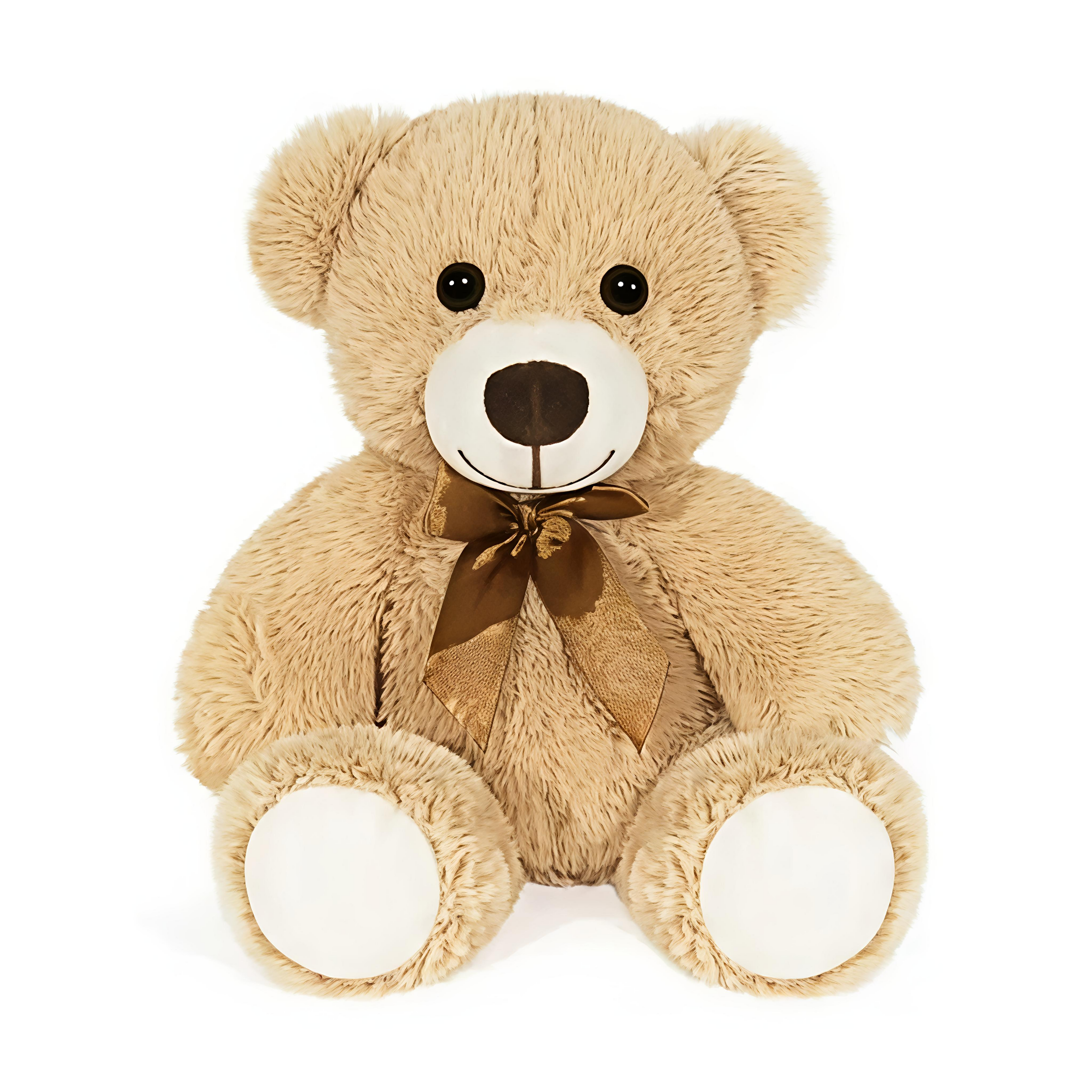 Giggly Groves 14-inch beige super soft teddy bear stuffed animal toy for kids with a shiny khaki ribbon.