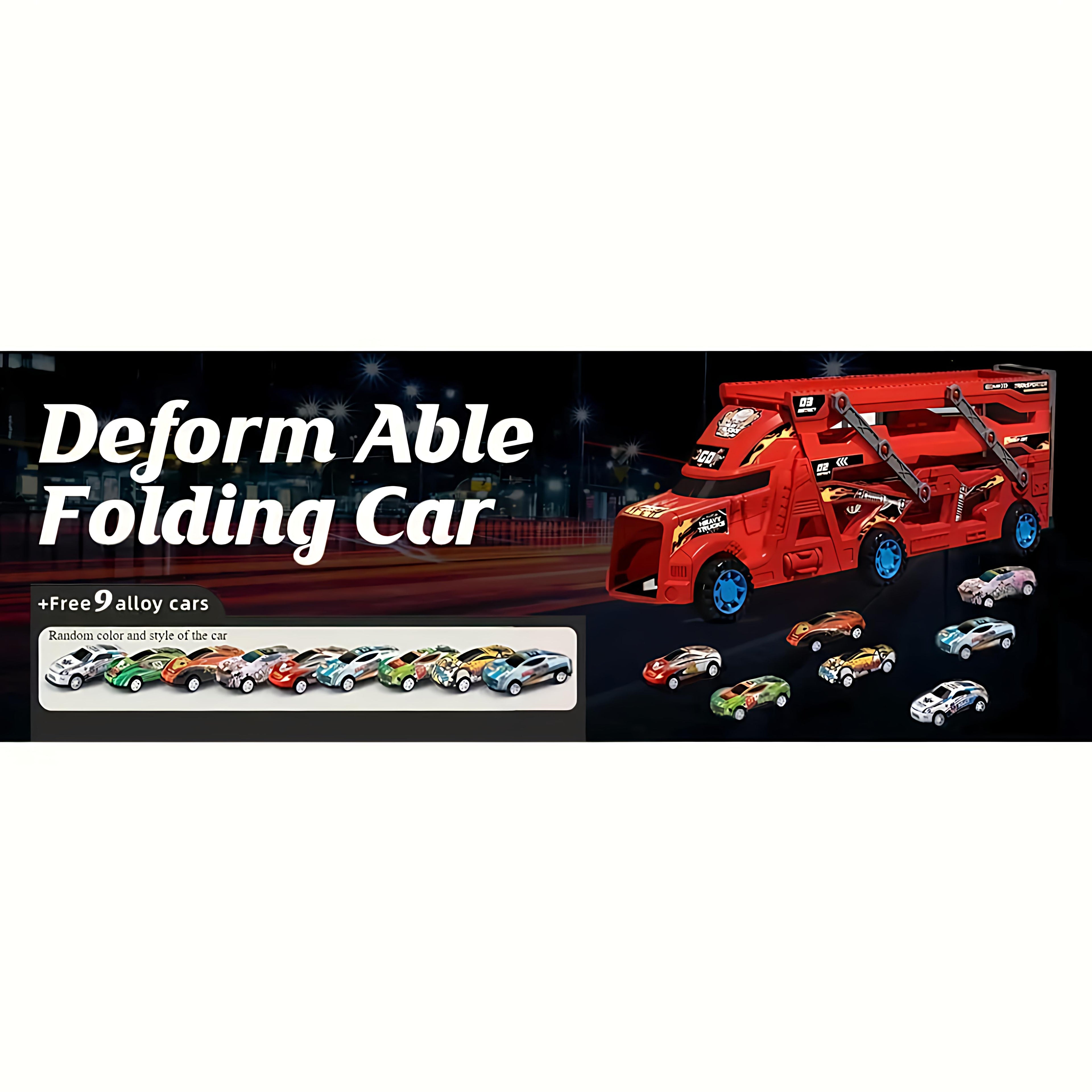 Red Mega Hauler Truck toy with 24 die-cast cars and foldable 6-foot racing track catapult launcher for kids ages 3 to 8.
