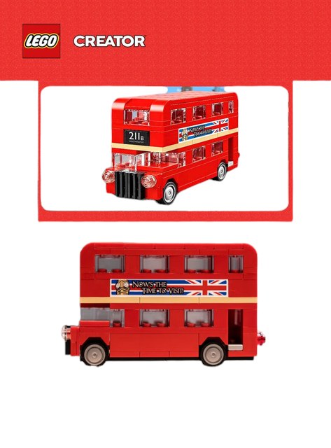 The image shows a LEGO Creator set featuring a Double Decker London Bus. The top part of the image displays the front view of the bus with the route number "211a" and the Union Jack flag. The bottom part shows a side view of the bus with a banner that reads "Now's the time to visit" alongside the Union Jack flag. The bus is predominantly red with realistic design details, making it an engaging and iconic toy for children.