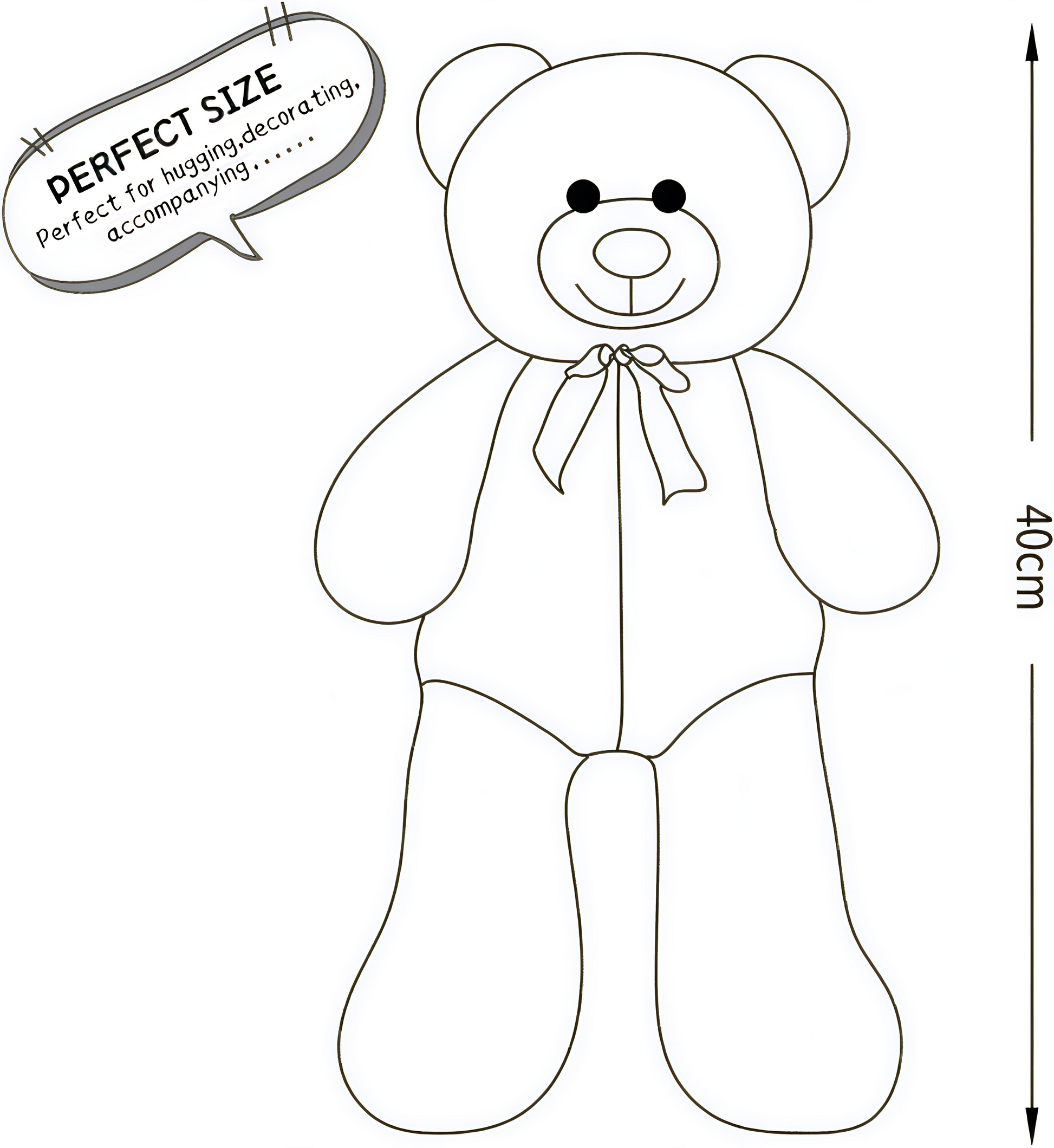 Outline of a teddy bear with text about size and purpose on a white background