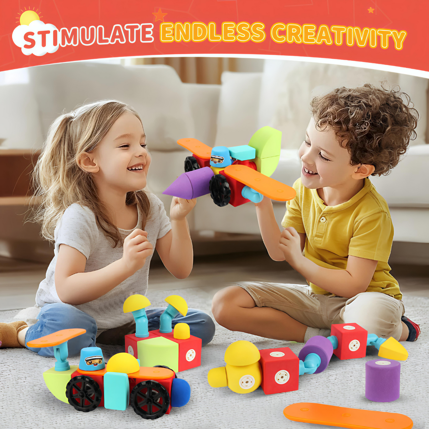 Child playing with colorful magnetic building blocks featuring 360° rotation, bendable joints, and secure magnets—STEM sensory toy for toddlers and preschoolers by Giggly Groves.