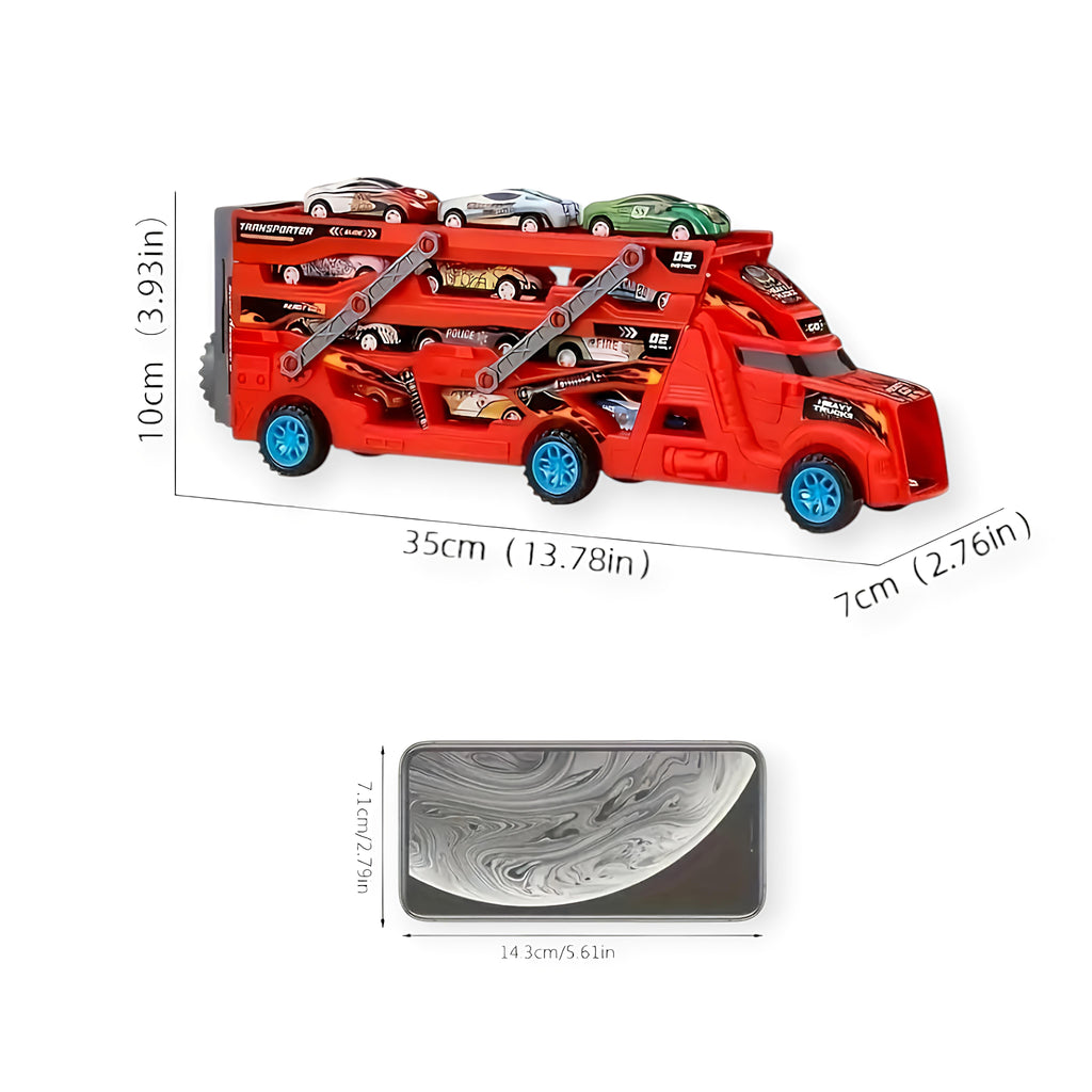 Red Mega Hauler Truck toy with 24 die-cast cars and foldable 6-foot racing track catapult launcher for kids ages 3 to 8.
