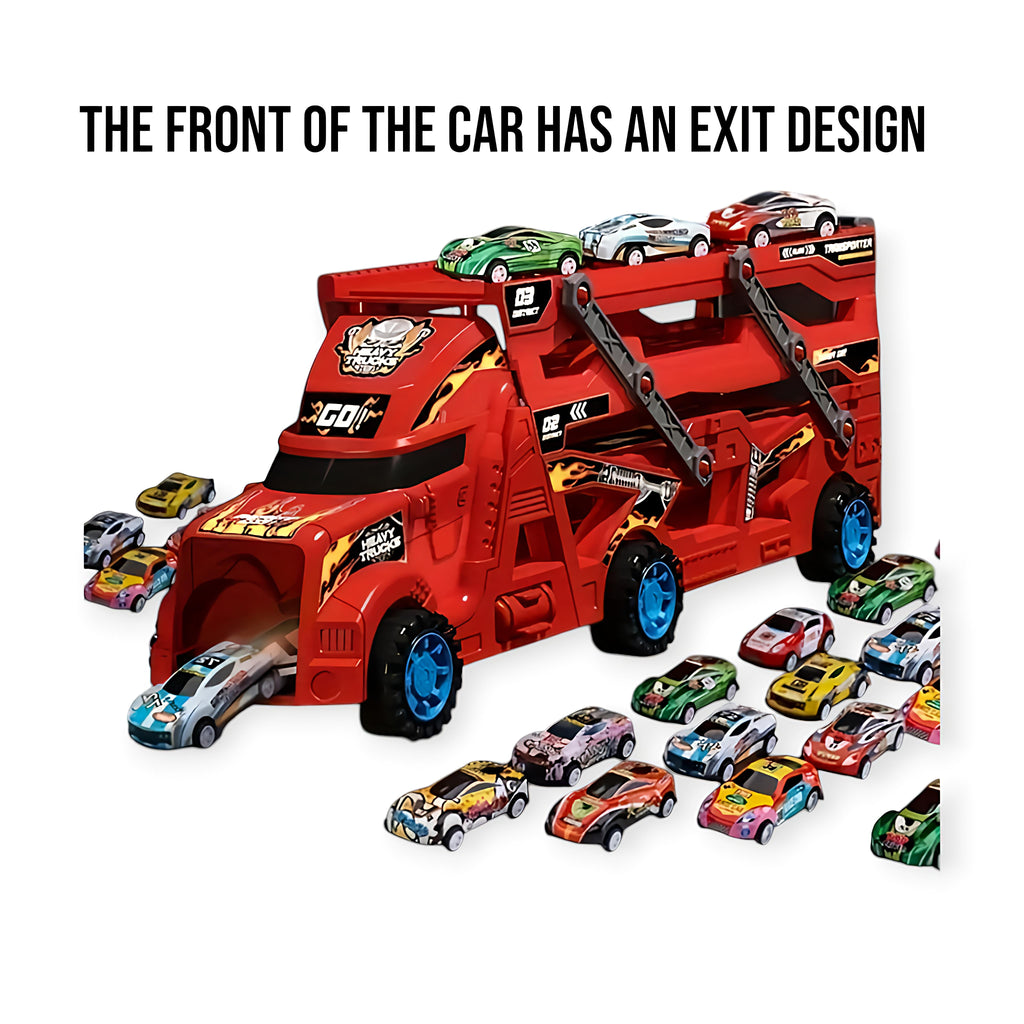 Red Mega Hauler Truck toy with 24 die-cast cars and foldable 6-foot racing track catapult launcher for kids ages 3 to 8.