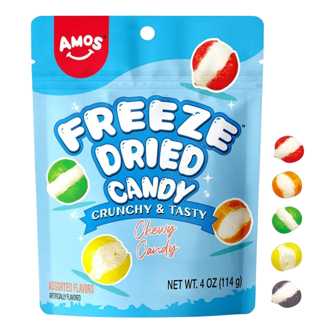 Amos Freeze Dried Sweet Ring Candy in vibrant fruit flavors, showcased in colorful packaging – available now on Giggly Groves