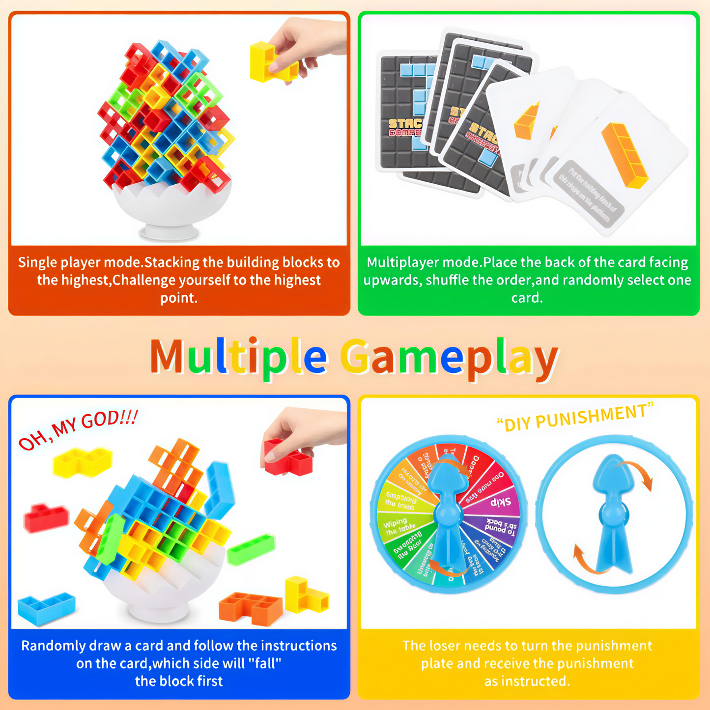Collage of building block game and card game with text describing gameplay modes.