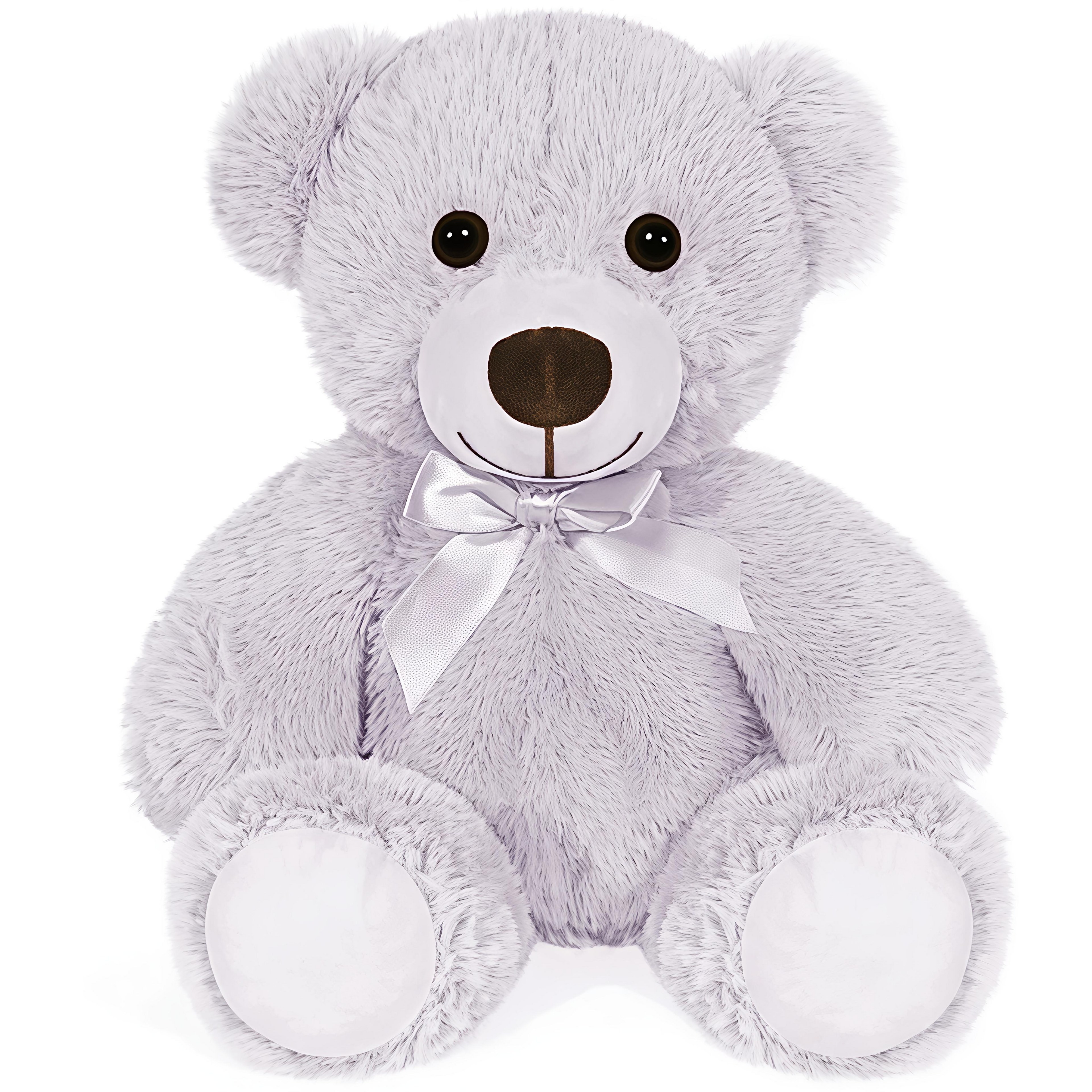 Giggly Groves 14-inch beige super soft teddy bear stuffed animal toy for kids with a shiny grey ribbon.