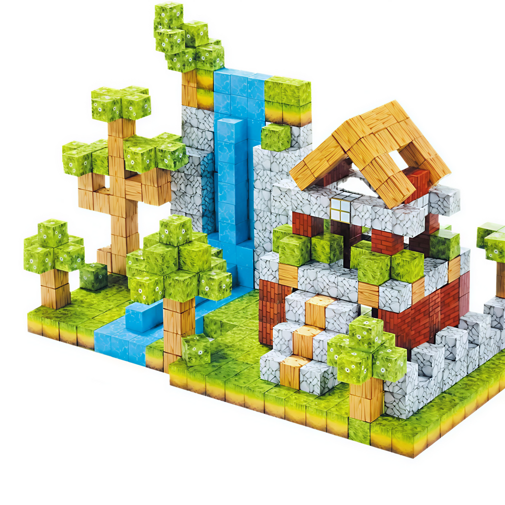 Children playing with Giggly Groves 157-piece magnetic building blocks – colorful sensory STEM toy for boys and girls, educational birthday gift promoting creativity and motor skills, available at gigglygroves.com.