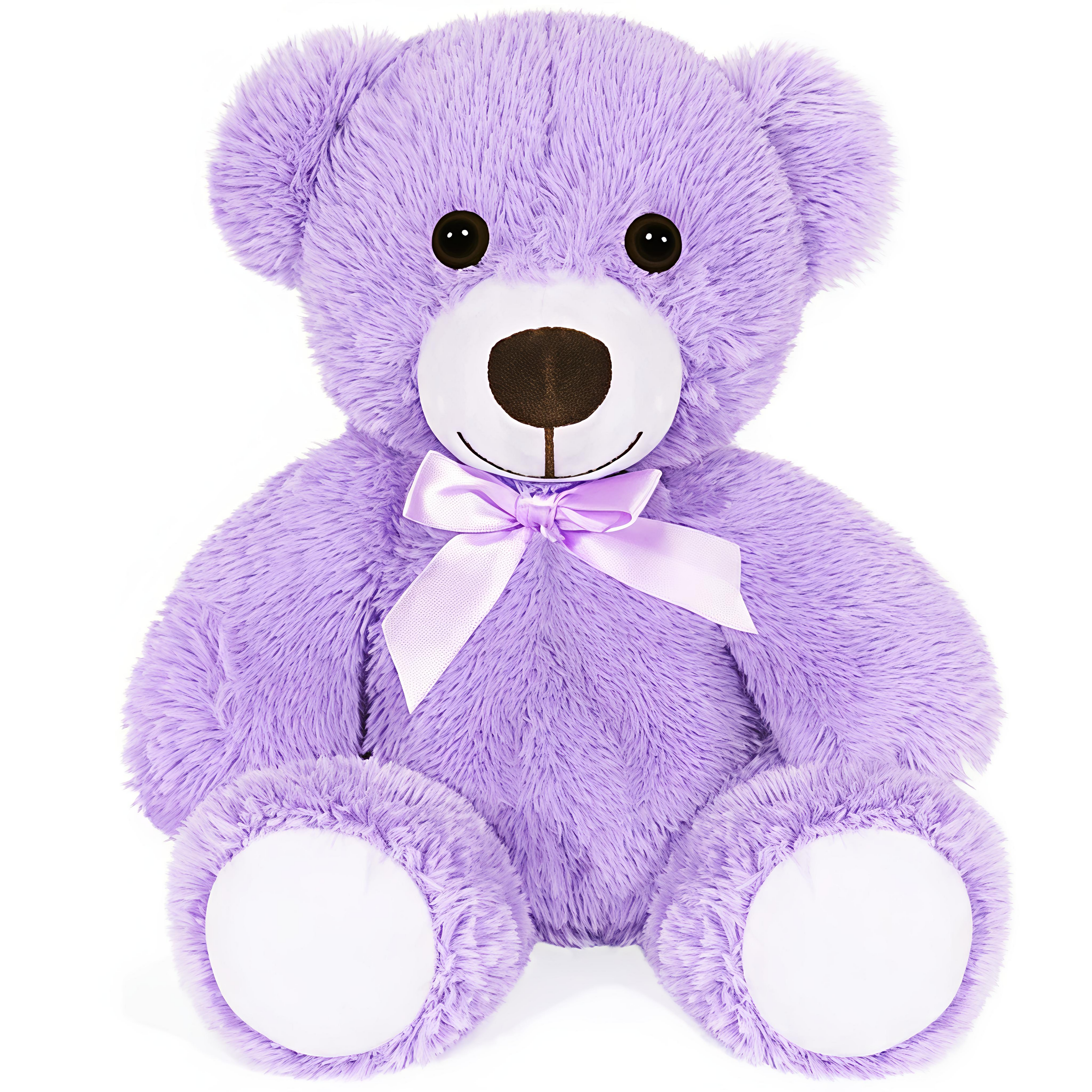 Giggly Groves 14-inch beige super soft teddy bear stuffed animal toy for kids with a shiny purple ribbon.
