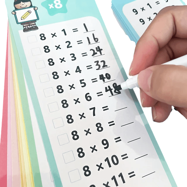 Engaging Multiplication Flash Cards for Kids - Colorful, interactive cards featuring fun cartoon characters and a write-and-wipe design. Perfect for helping children master multiplication facts while having fun. Ideal for parents and educators looking for effective learning tools - Giggly Groves 