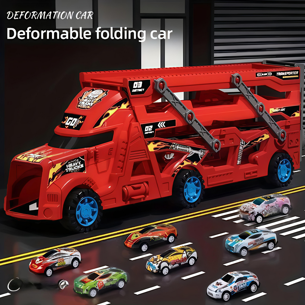 Red Mega Hauler Truck toy with 24 die-cast cars and foldable 6-foot racing track catapult launcher for kids ages 3 to 8.
