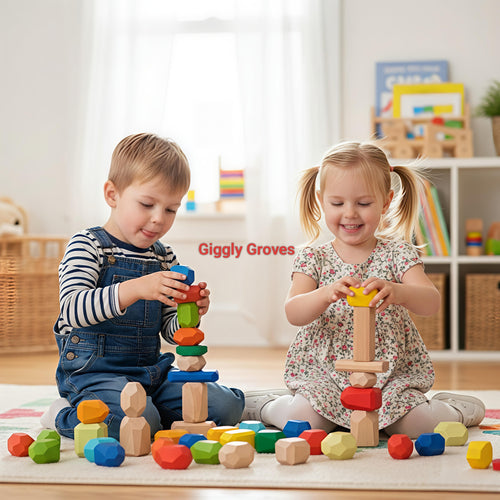 Two American children playing with colorful stacking stones toy on a vibrant rug in a sunlit playroom. The toy promotes creativity, fine motor skills, and spatial awareness. Available at Giggly Groves.