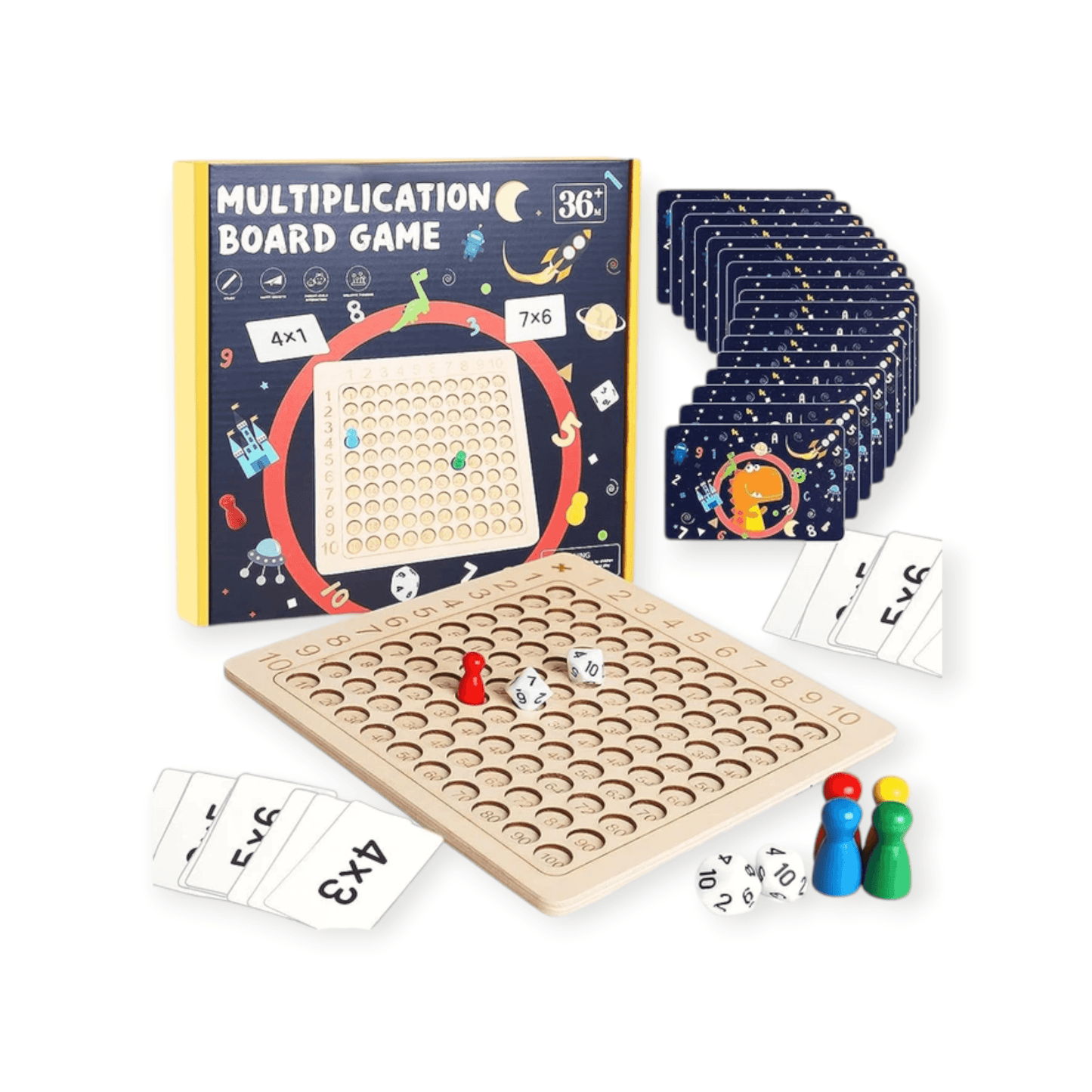 An educational board game designed to teach children addition and multiplication. The image includes a main game board with a grid of numbers from 1 to 100, several cards with multiplication and addition problems, like ‘2x9’ and ‘3+7’, a card with instructions, two dice, and red plastic markers. The background features outer space illustrations on the cards, adding an engaging theme for learning math concepts - Giggly Groves 