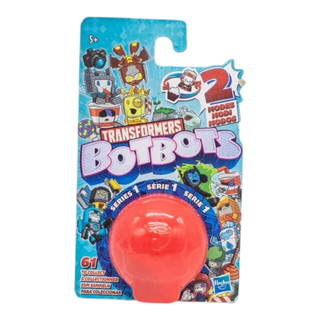 The image shows six Hasbro BOTBOTS Mini Transformers Blind Bags arranged in a star pattern. Each package features a different color (red, blue, green, orange, yellow) and contains a surprise mini transformer toy. The packaging is vibrant and eye-catching, making it an appealing gift for children.