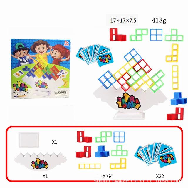 Image of a colorful 48-piece stacking toy for kids named 'Hot High Swing Russian Balancing Blocks'. The toy features vibrant hollow blocks in green, blue, red, and yellow, stacked on a white balancing base. A hand is shown placing a blue block onto the stack. Fun and educational, this table toy is available on Giggly Groves.