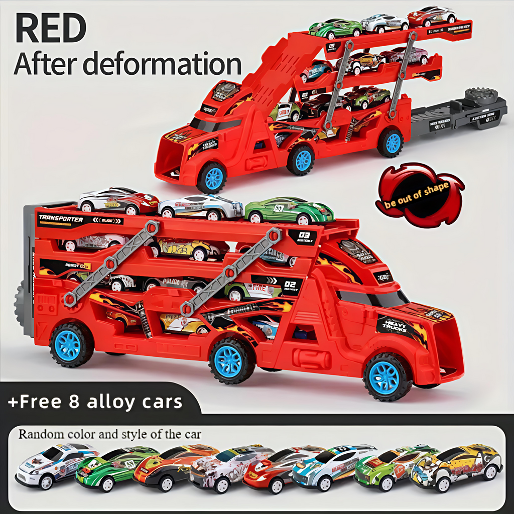 Red Mega Hauler Truck toy with 24 die-cast cars and foldable 6-foot racing track catapult launcher for kids ages 3 to 8.