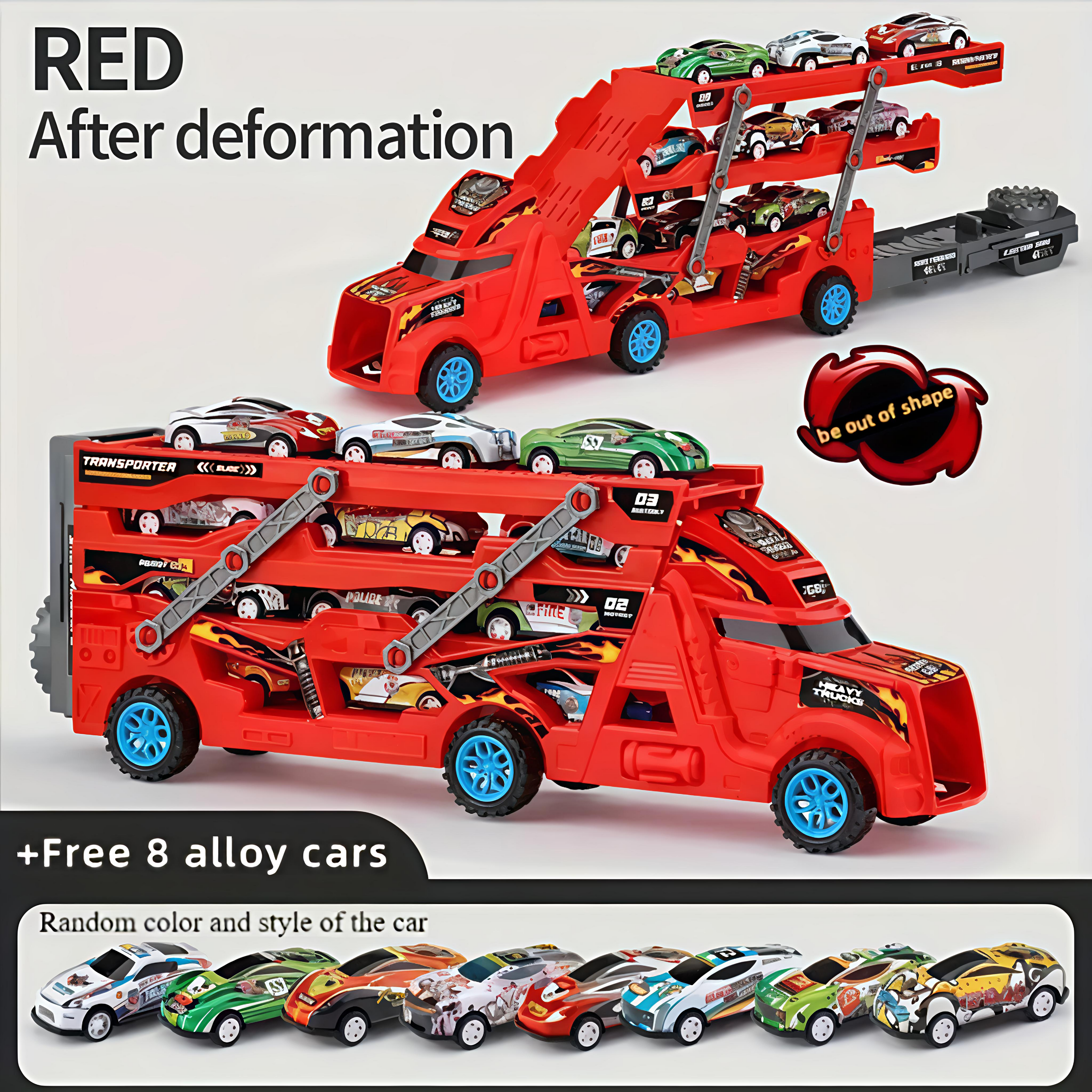 Red Mega Hauler Truck toy with 24 die-cast cars and foldable 6-foot racing track catapult launcher for kids ages 3 to 8.