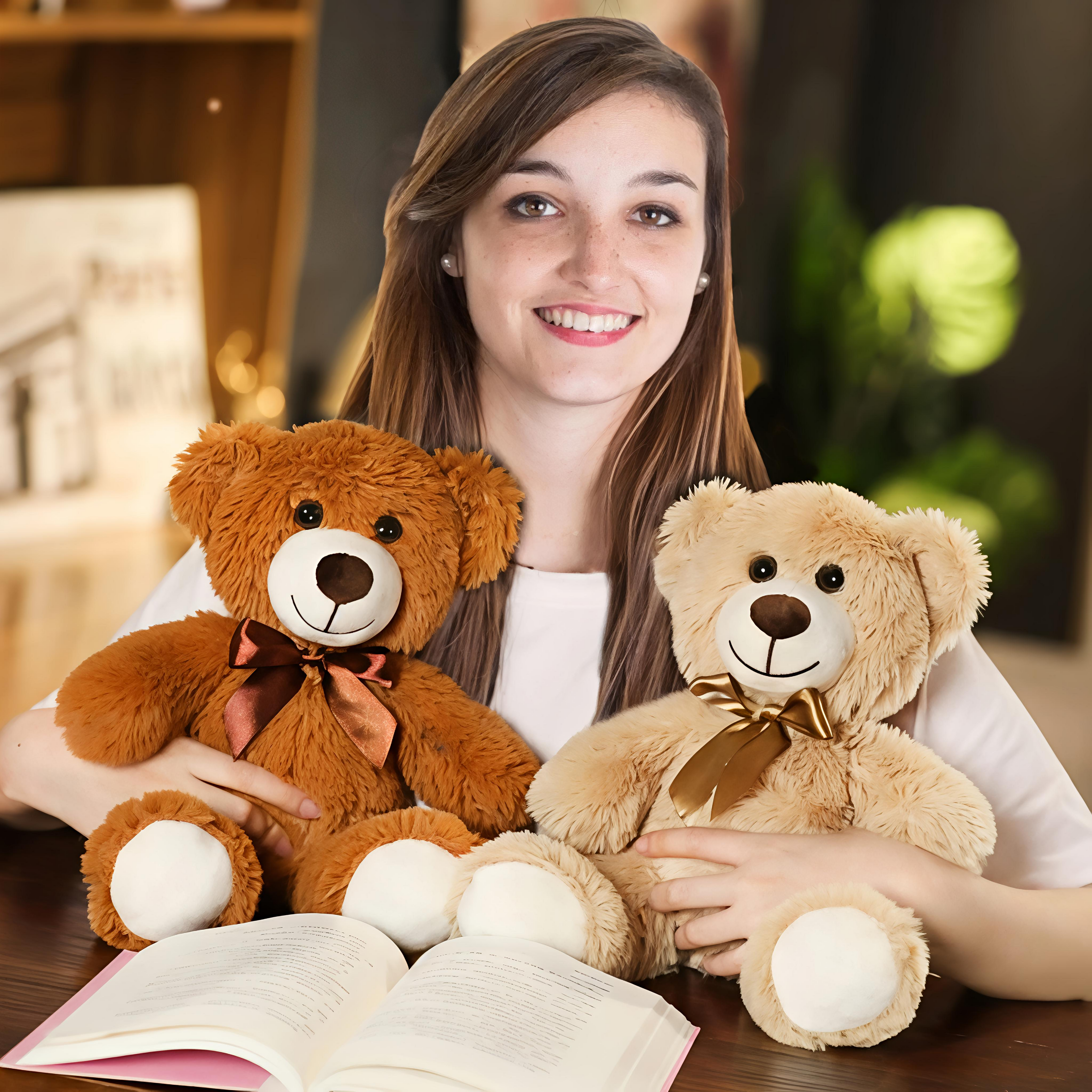 Giggly Groves 14-inch beige super soft teddy bear stuffed animal toy for kids with a shiny gold ribbon.