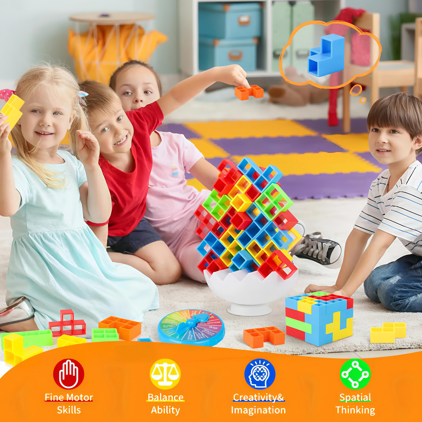 Children playing with colorful building blocks in a classroom setting