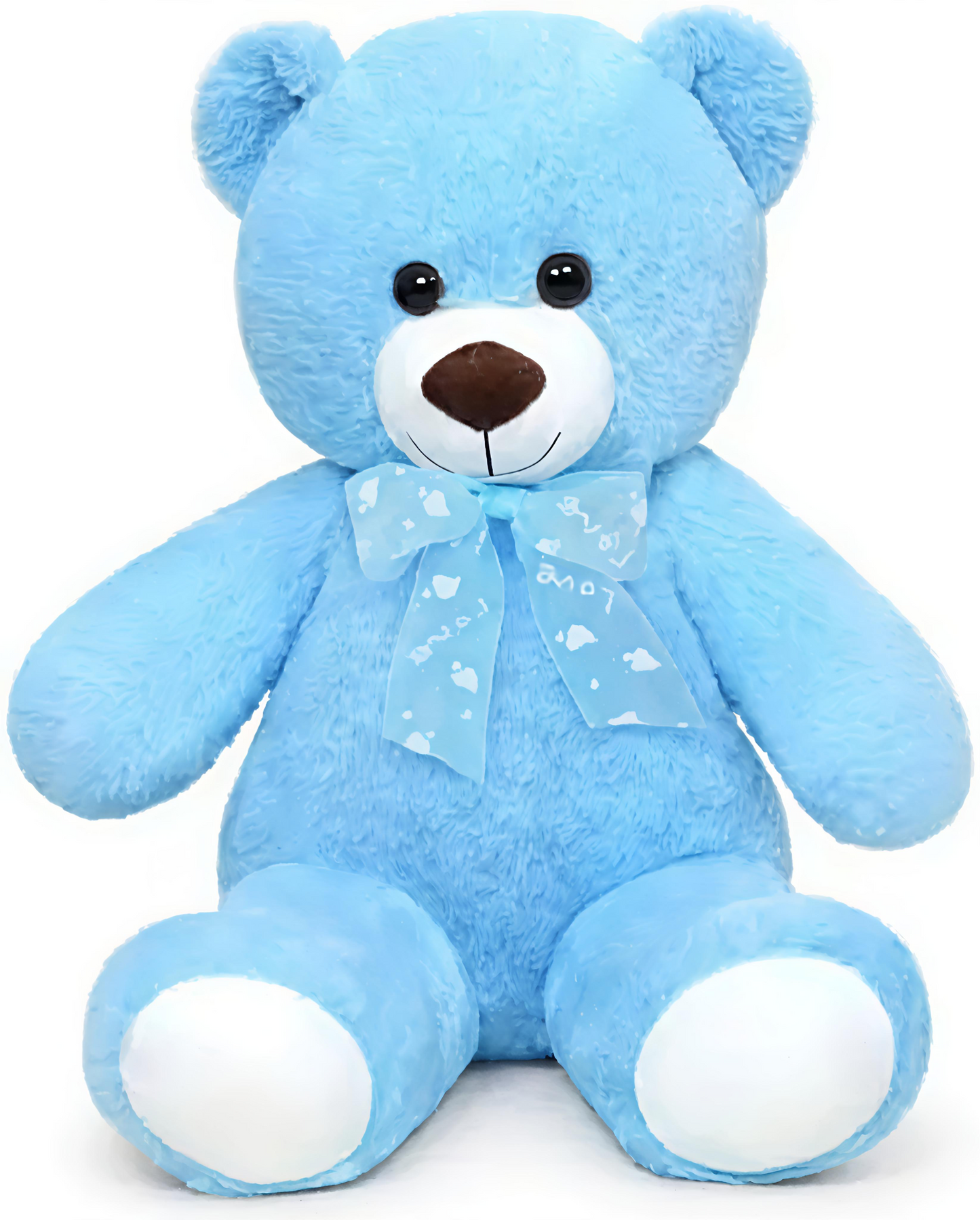 Blue teddy bear with a bow on a white background
