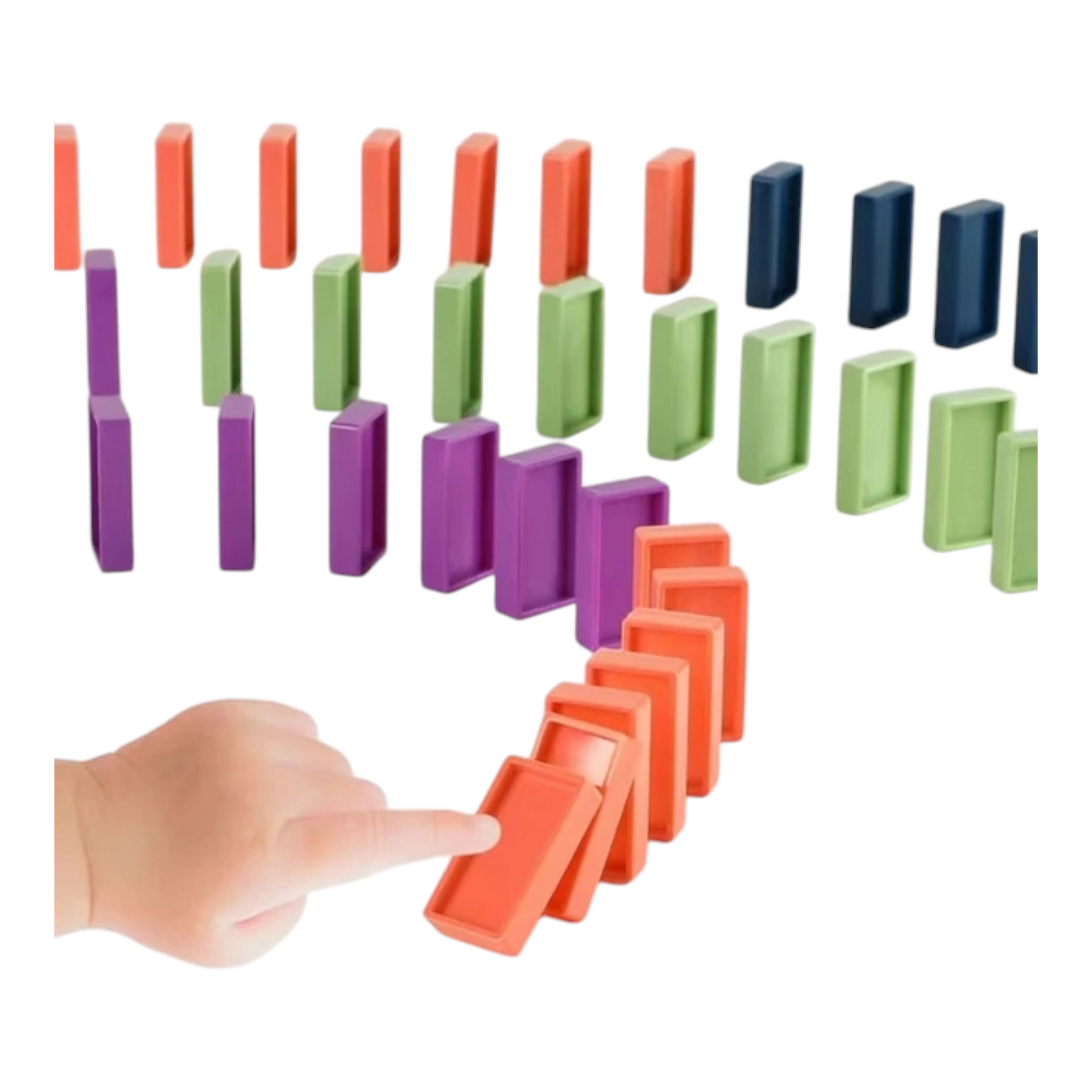 A brightly colored electric toy train automatically lays domino blocks in a perfect line. Ideal for children, this educational puzzle toy combines fun with learning and helps develop cognitive and motor skills. Suitable for kids aged 3 and up, it's perfect for creative play and early learning activities.