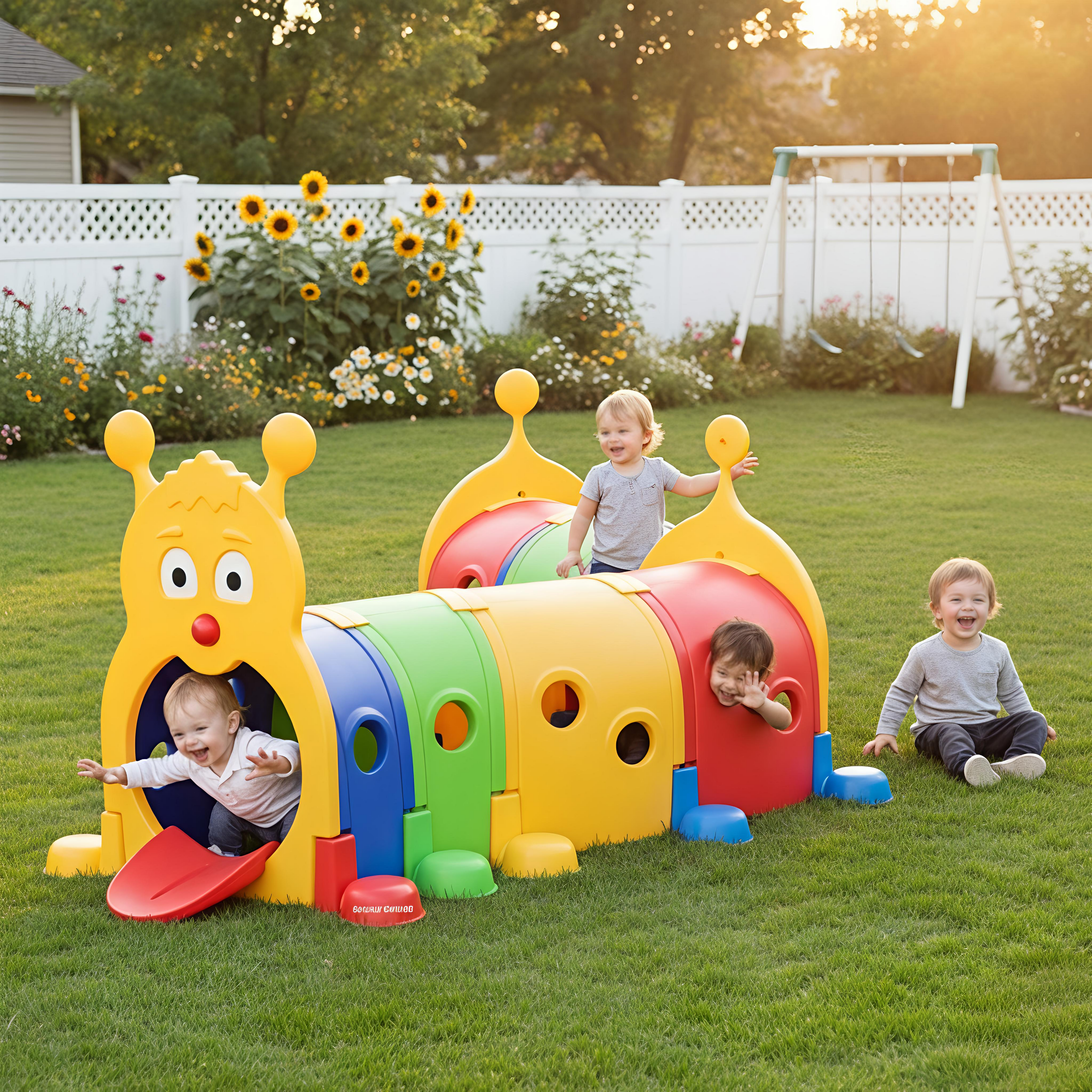 Group of toddlers playing in a sunny backyard with the configurable 5ft caterpillar tunnel, demonstrating the multi-child interactive play features.